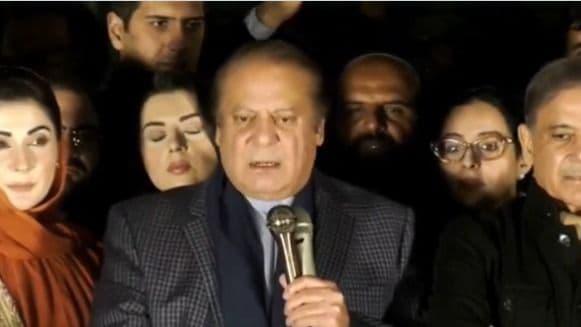 Former Prime Minister of Pakistan Nawaz Sharif addresses his supporters in Lahore